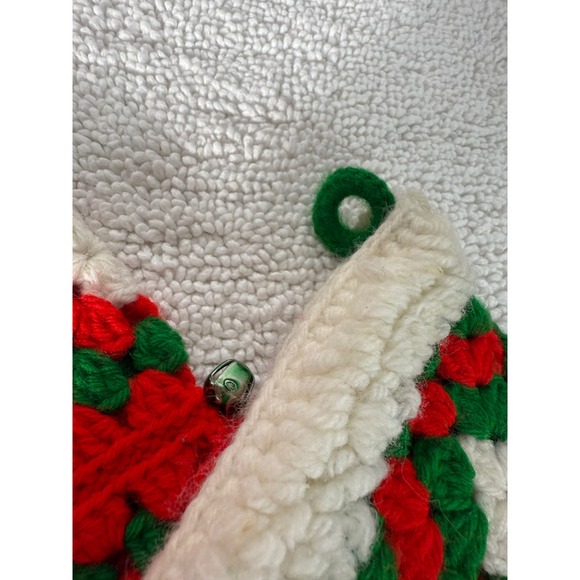 VTG Hand Crocheted Christmas Stockings Red Green White Holly Star Motif Set of 2 - Picture 8 of 9